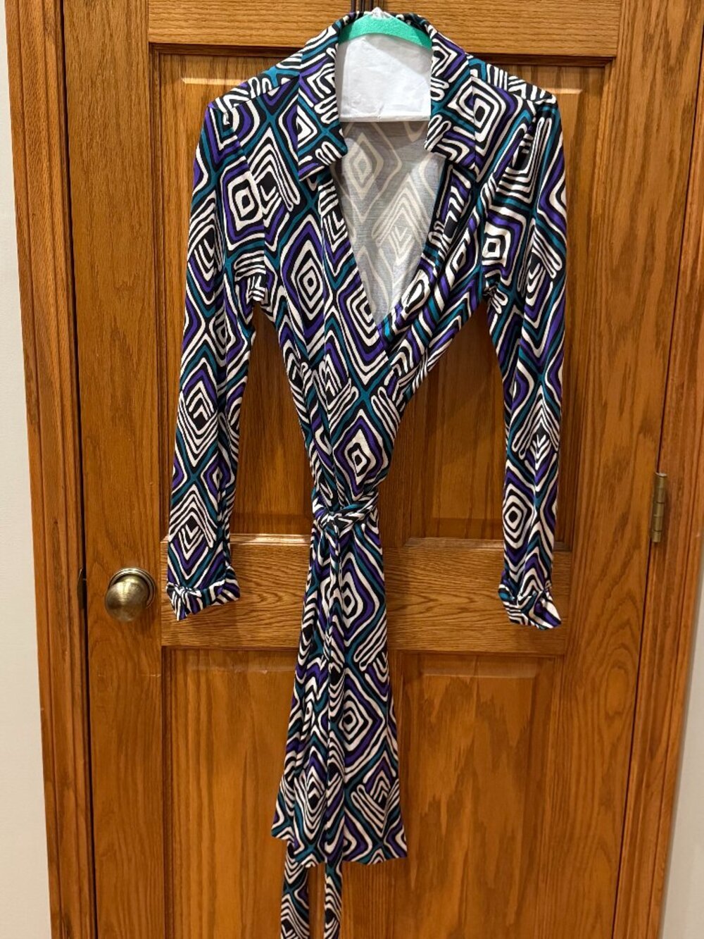 Diane Von Furstenberg Wrap Dress: Geometic purple, turqoise, black diamond, SZ12